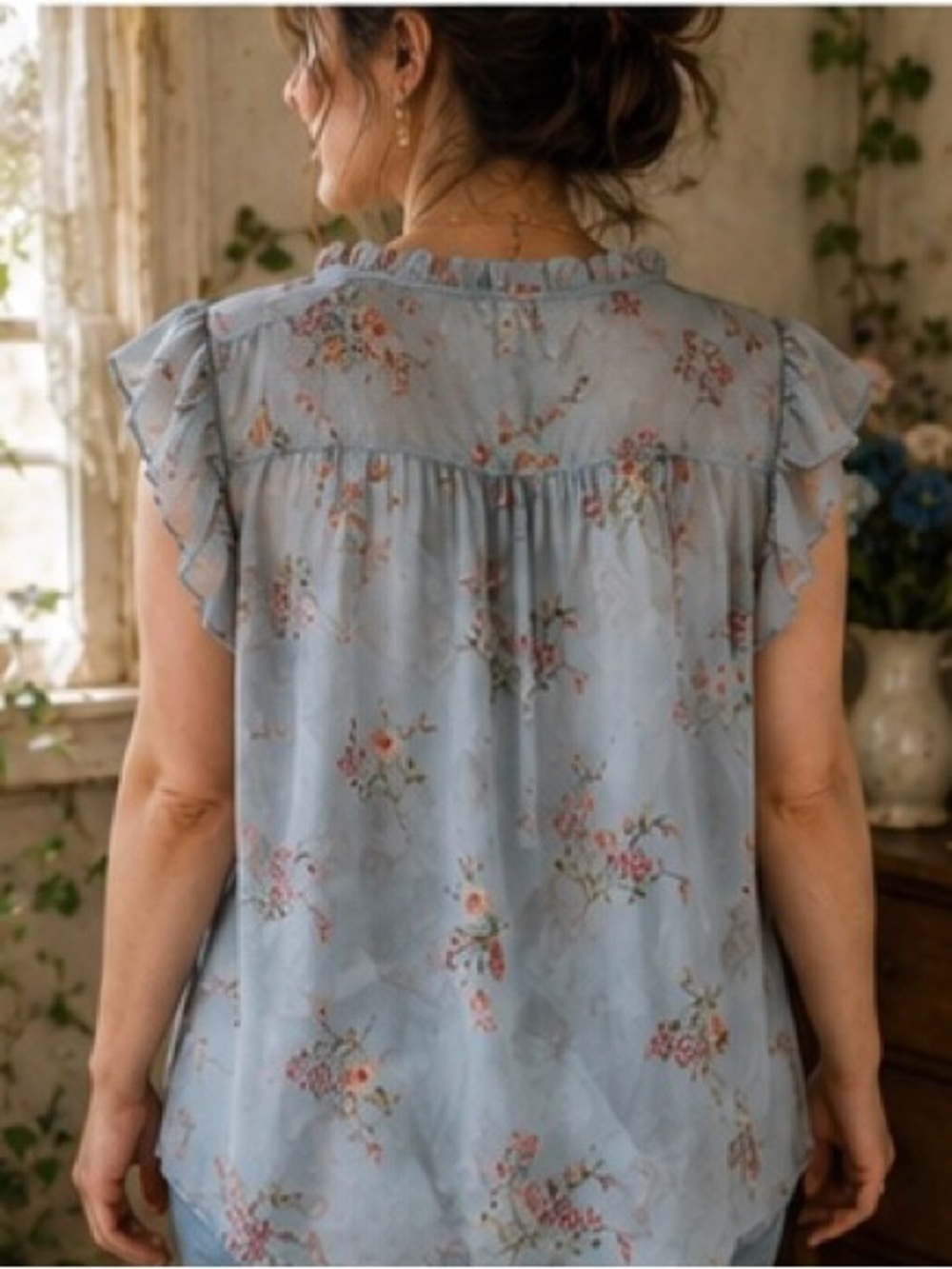 Sweet Rain Blue Floral Semi Sheer Flutter Sleeve Boho Blouse Tunic Top Size 2X - Picture 2 of 3